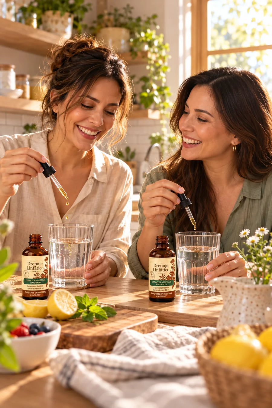 Dos hermanas poniendo gotas en su vaso de agua