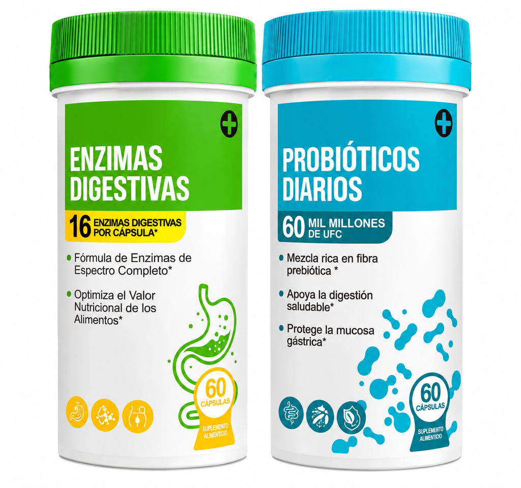Frascos PanzaFeliz: enzimas digestivas y probióticos diarios, 60 cápsulas cada uno