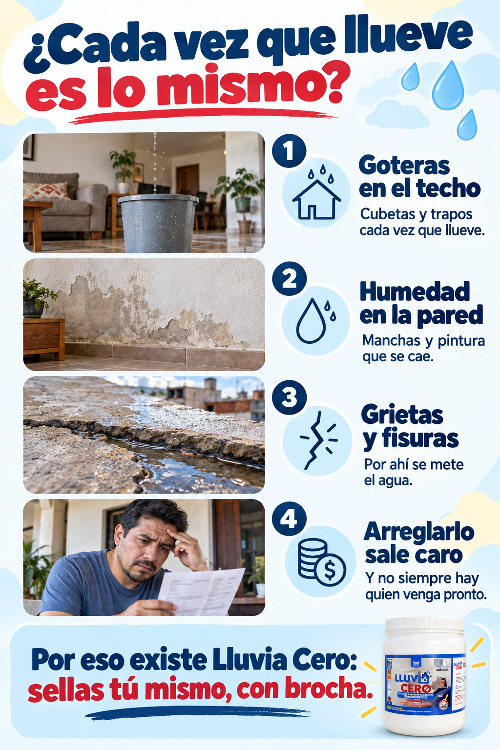 ¿Cada vez que llueve es lo mismo? Goteras en el techo, humedad y manchas en la pared, grietas por donde se mete el agua y arreglarlo sale caro. Por eso Lluvia Cero.