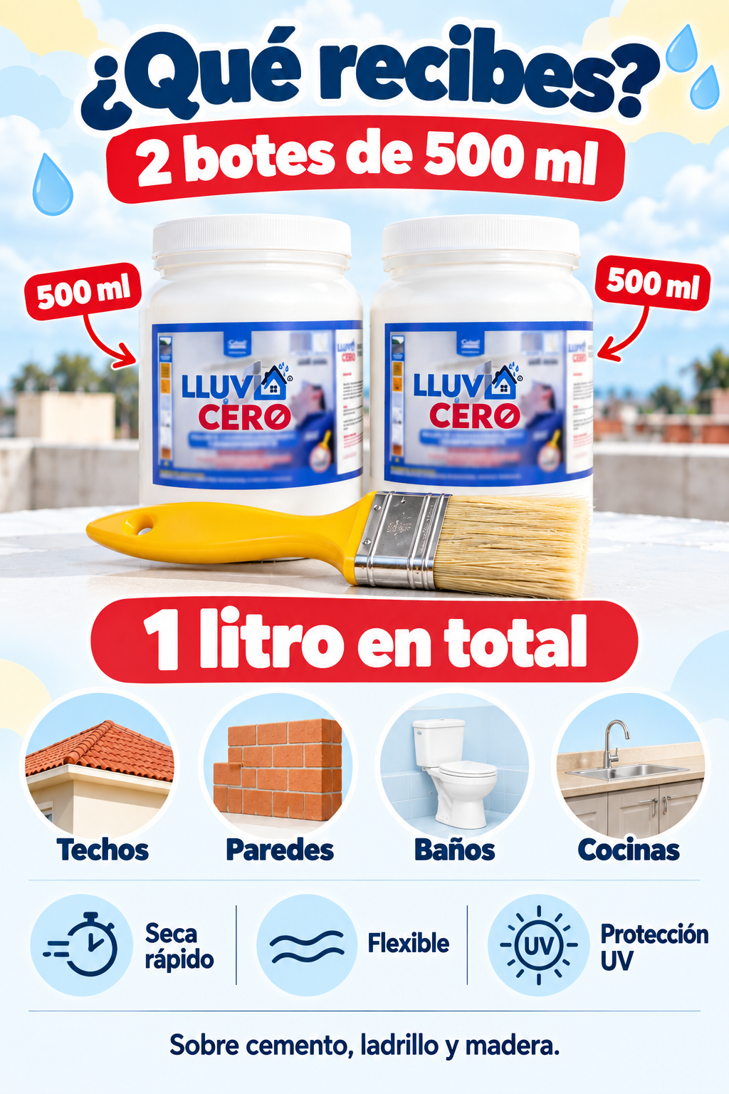 ¿Qué recibes? 2 botes de Lluvia Cero de 500 ml, 1 litro en total, de sellador e impermeabilizante transparente que se aplica con brocha.
