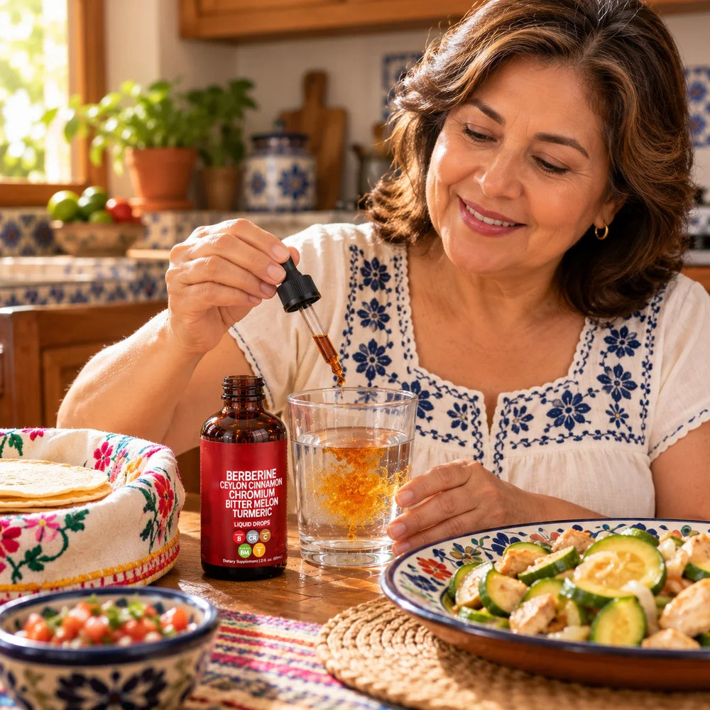 Vaso de agua con gotero junto a un plato de comida casera