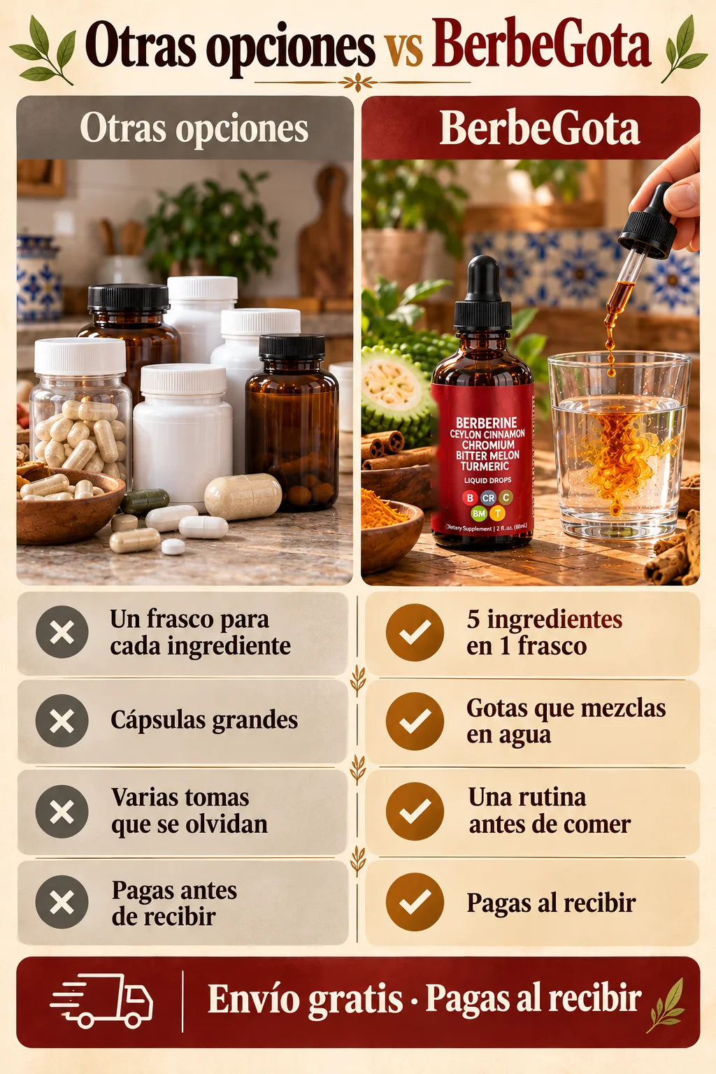 Otras opciones contra BerbeGota: varios frascos y cápsulas grandes contra 5 ingredientes en un solo frasco de gotas que se mezclan en agua; pagas al recibir.