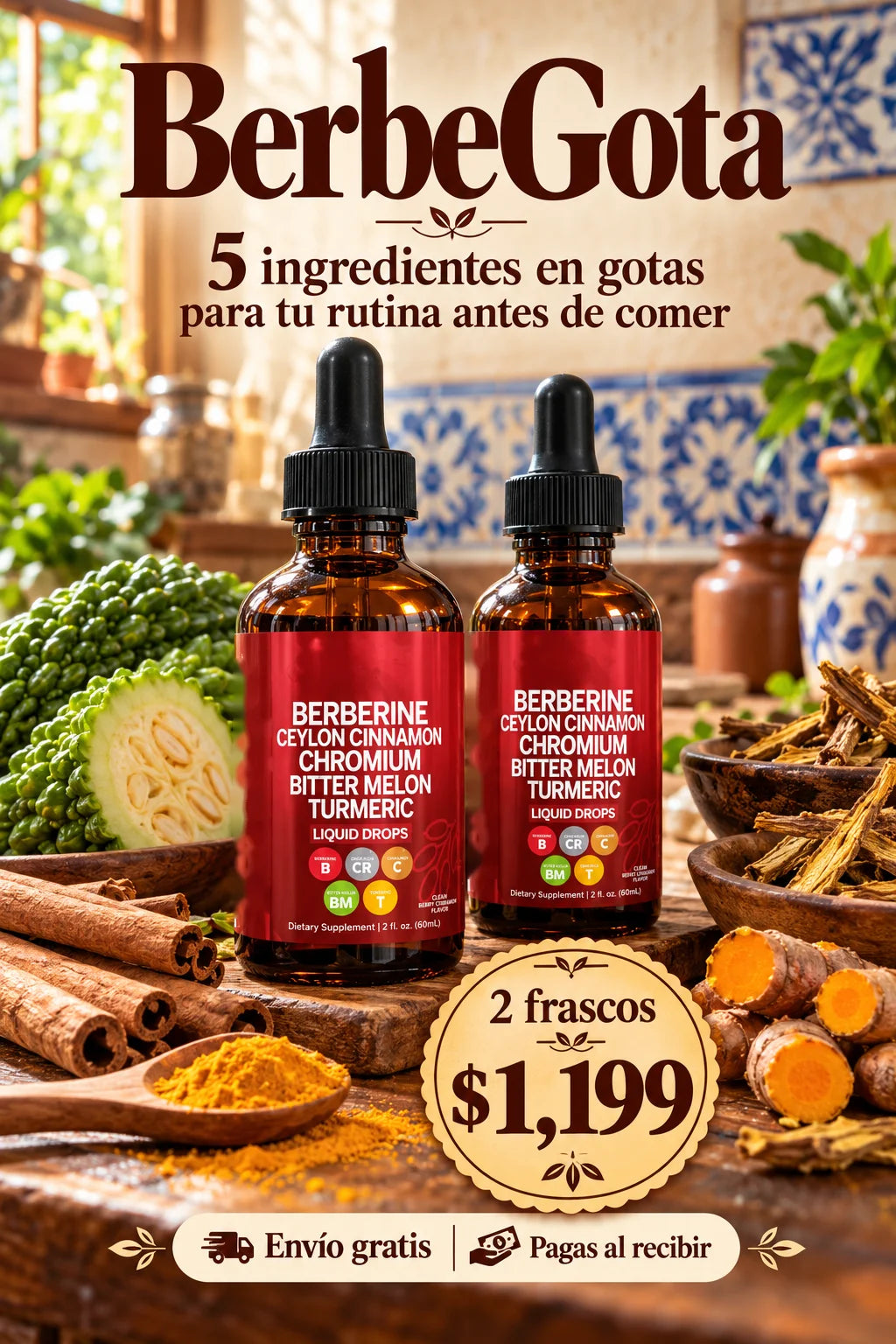 BerbeGota: berberina, canela de Ceilán, cromo, melón amargo y cúrcuma en gotas. 2 frascos por $1,199 con envío gratis y pago al recibir.