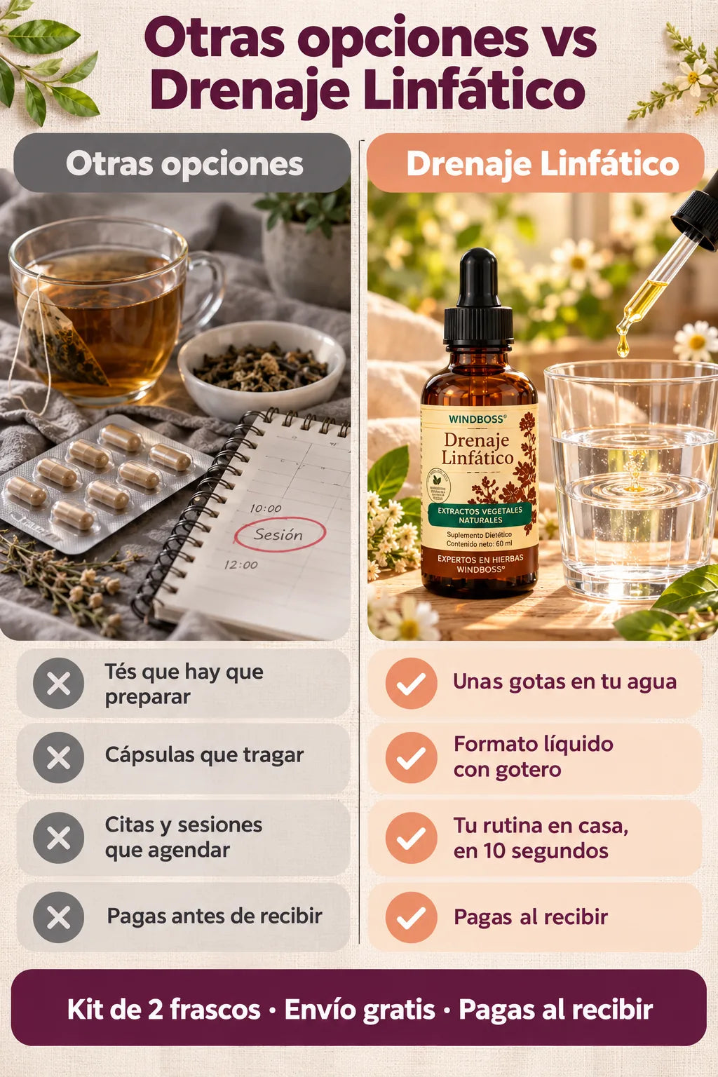 Otras opciones contra Drenaje Linfático: tés que hay que preparar, cápsulas y citas, contra unas gotas en tu agua; pagas al recibir.
