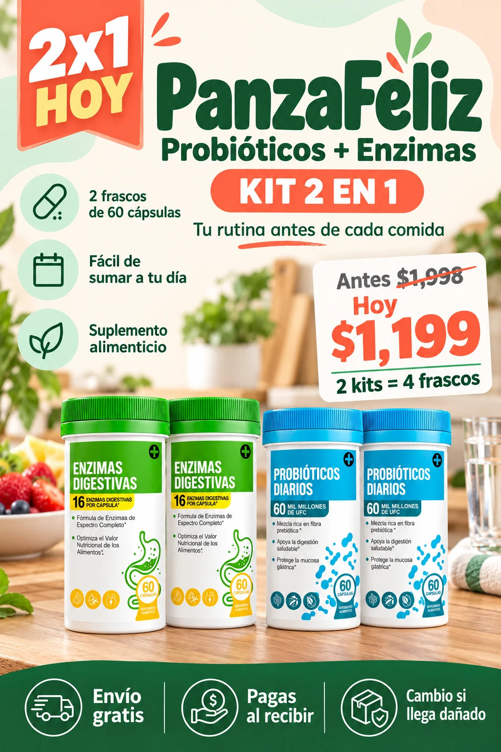 PanzaFeliz kit 2 en 1: 2x1 con 4 frascos de probióticos y enzimas por $1,199, envío gratis y pago al recibir