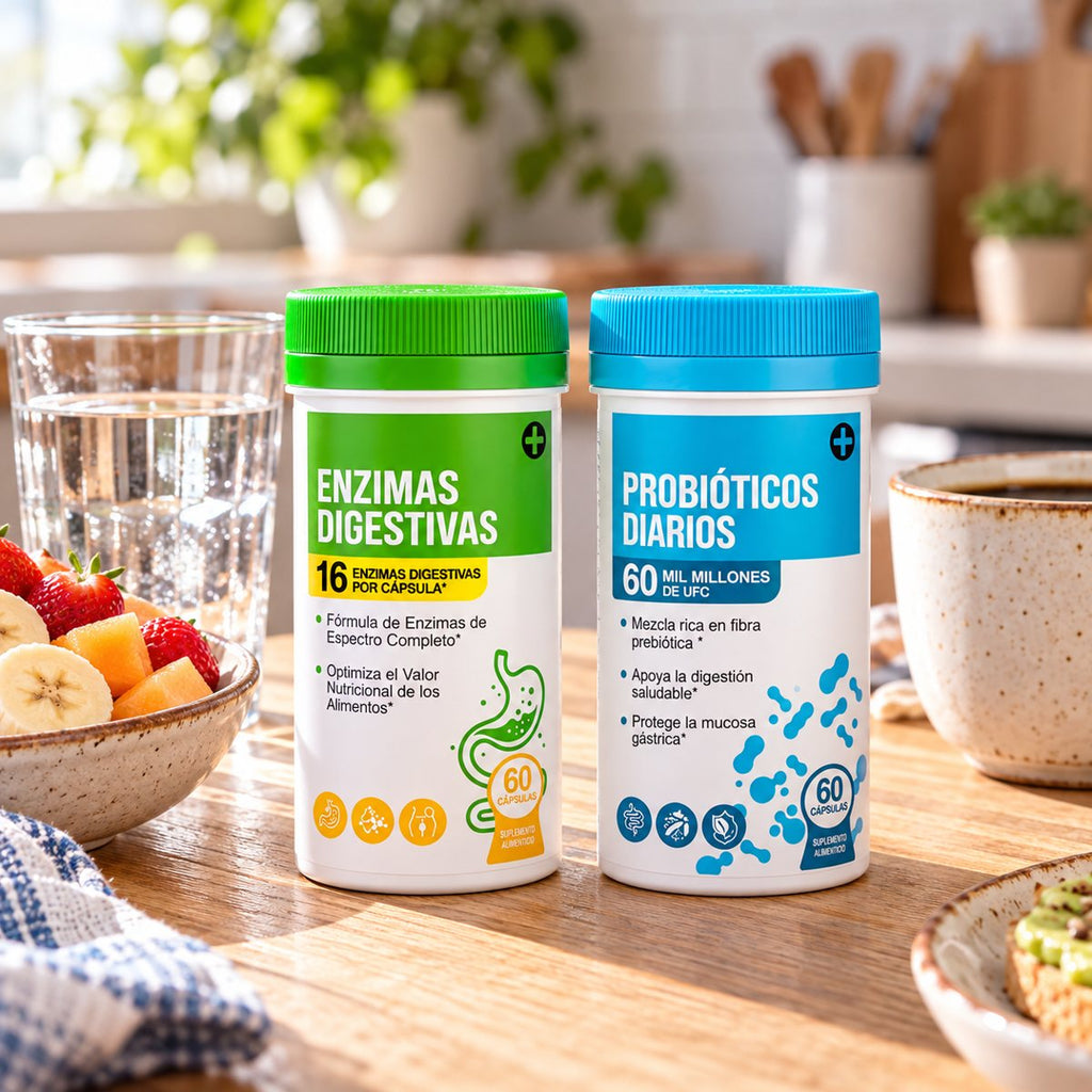 Kit PanzaFeliz: frasco de enzimas digestivas y frasco de probióticos en mesa de desayuno