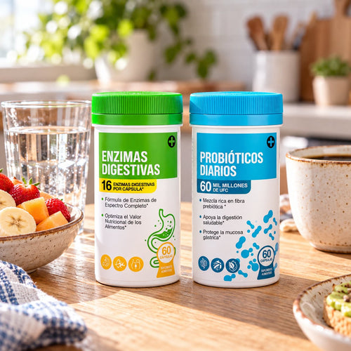 Kit PanzaFeliz: frasco de enzimas digestivas y frasco de probióticos en mesa de desayuno
