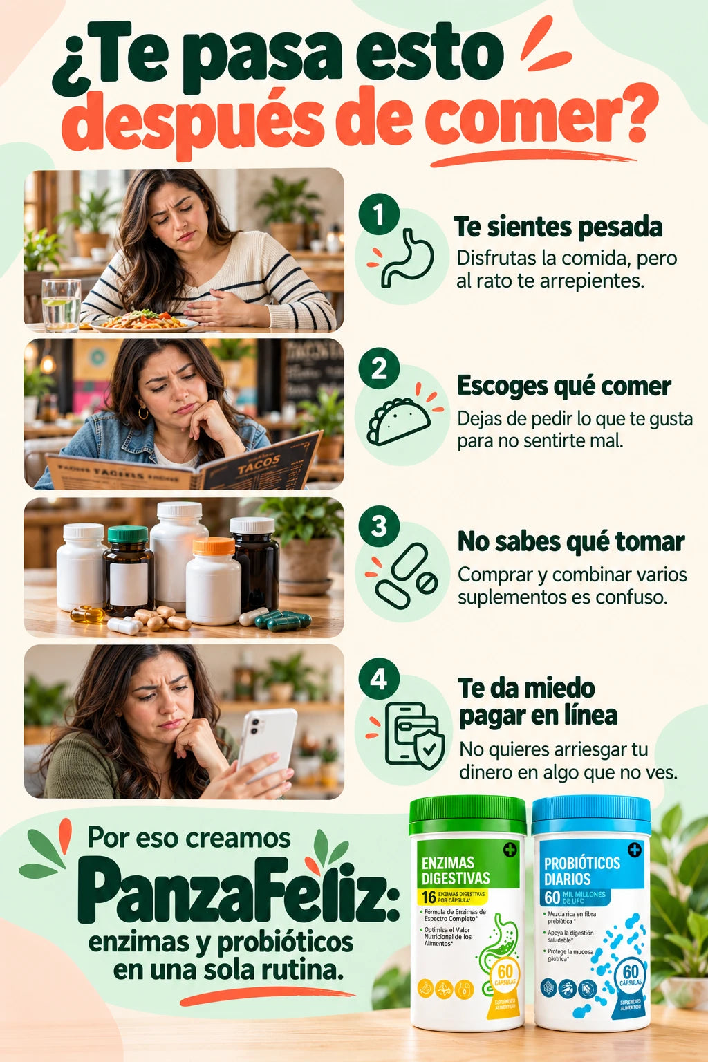 ¿Te pasa esto después de comer? Te sientes pesada, escoges qué comer, no sabes qué suplemento tomar y te da miedo pagar en línea. Por eso creamos PanzaFeliz.