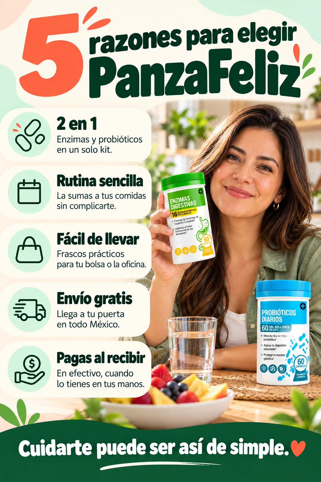 5 razones para elegir PanzaFeliz: 2 en 1, rutina sencilla, fácil de llevar, envío gratis y pagas al recibir.