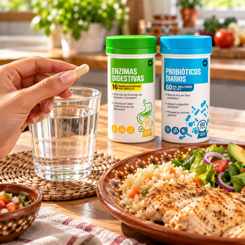 Mano con cápsula y vaso de agua junto a los frascos PanzaFeliz y un plato de comida