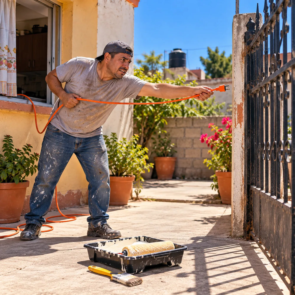 Persona estirando una extensión eléctrica que no alcanza hasta la reja del patio