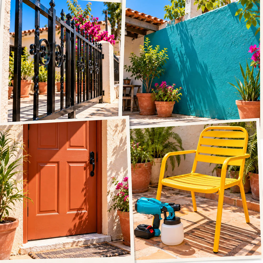 Cuatro trabajos pintados con PintaLibre: reja, barda, puerta y mueble
