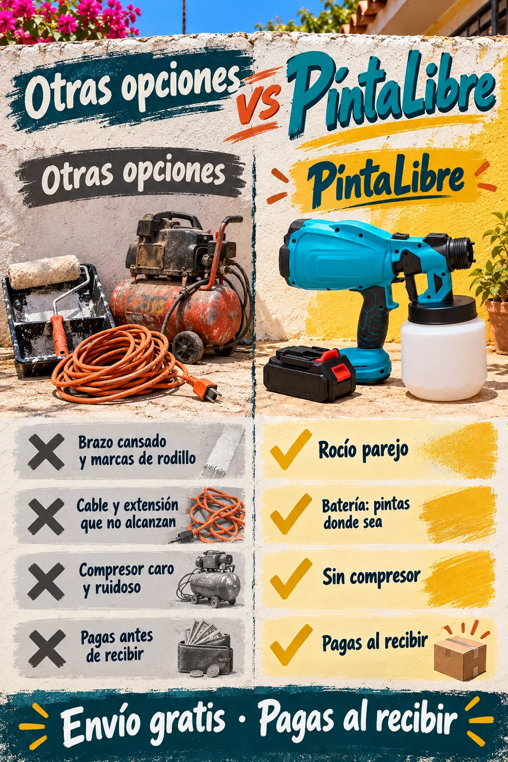 Otras opciones contra PintaLibre: sin cable ni extensión, sin compresor, rocío parejo y la usas cuando quieras. Pagas al recibir.