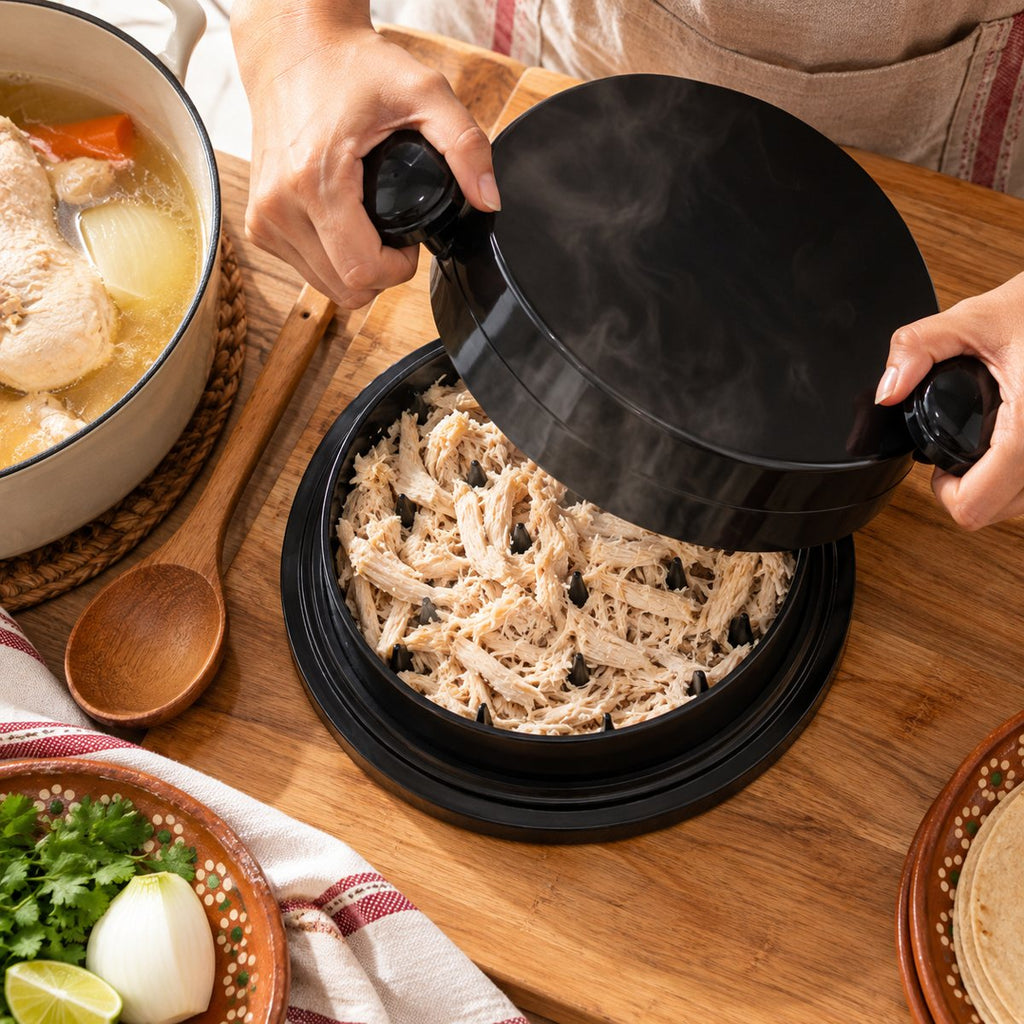 Manos levantando la tapa de TingaPro con pollo recién deshebrado