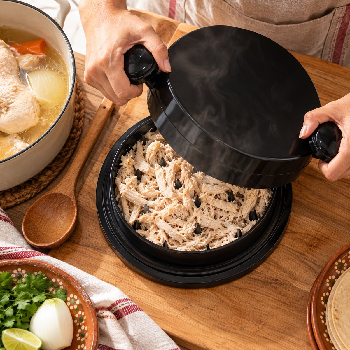 Manos levantando la tapa de TingaPro con pollo recién deshebrado